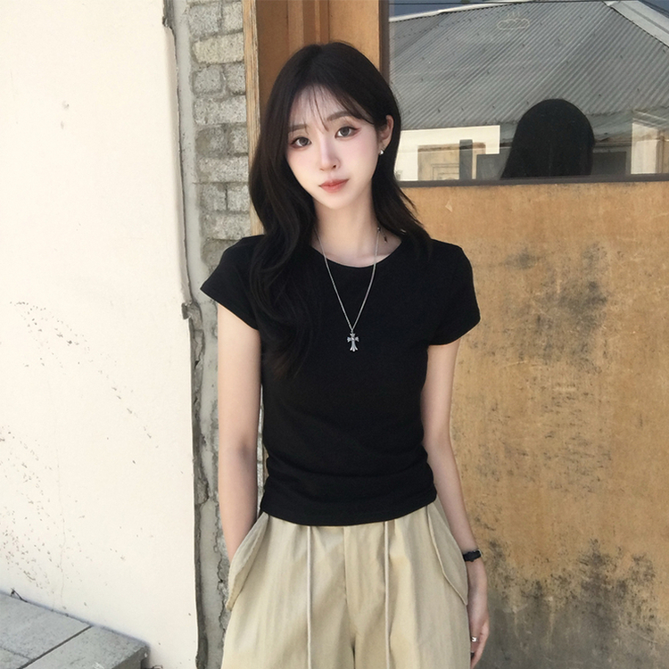 シンプルラウンドネック半袖Tシャツ BLACK