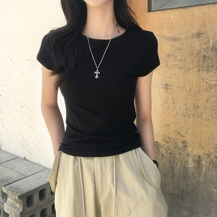 シンプルラウンドネック半袖Tシャツ BLACK