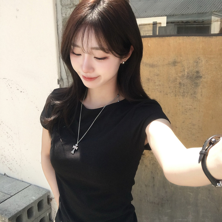 シンプルラウンドネック半袖Tシャツ BLACK