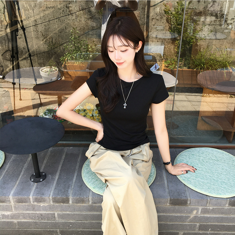 シンプルラウンドネック半袖Tシャツ BLACK