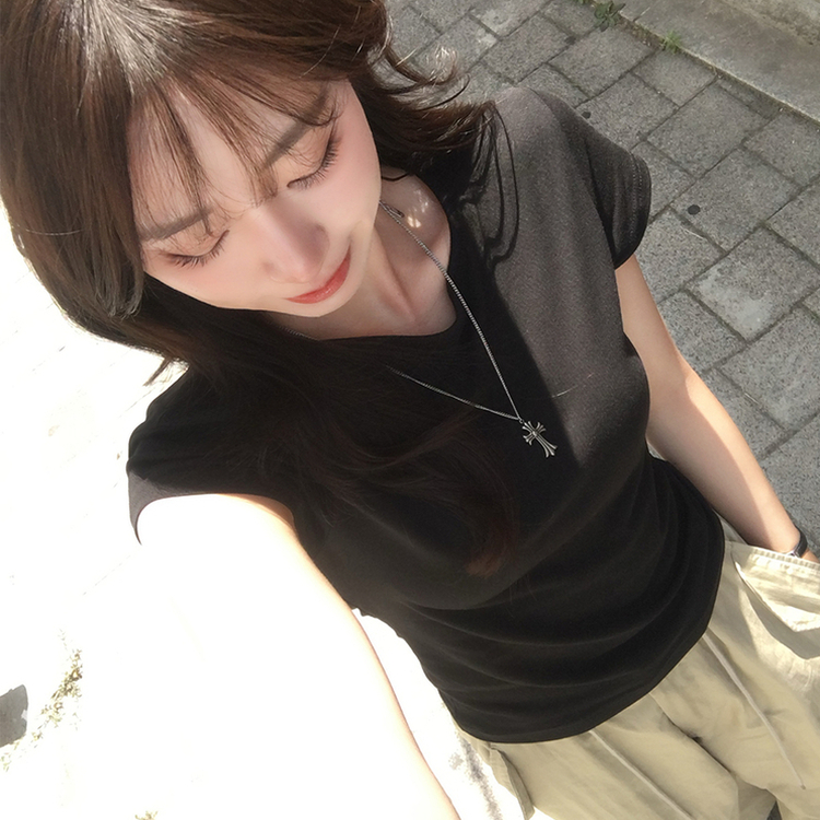 シンプルラウンドネック半袖Tシャツ BLACK