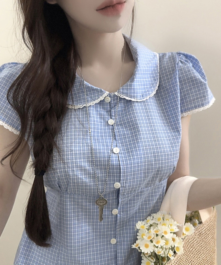 チェックレースカラー半袖ブラウス SKY BLUE