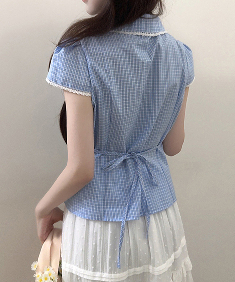 チェックレースカラー半袖ブラウス SKY BLUE