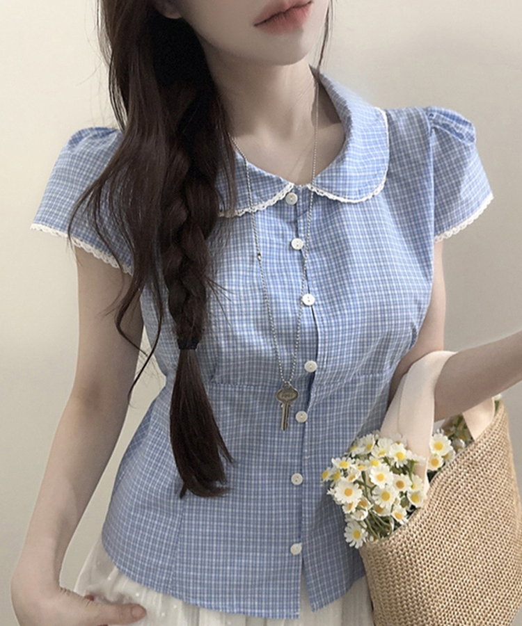 チェックレースカラー半袖ブラウス SKY BLUE