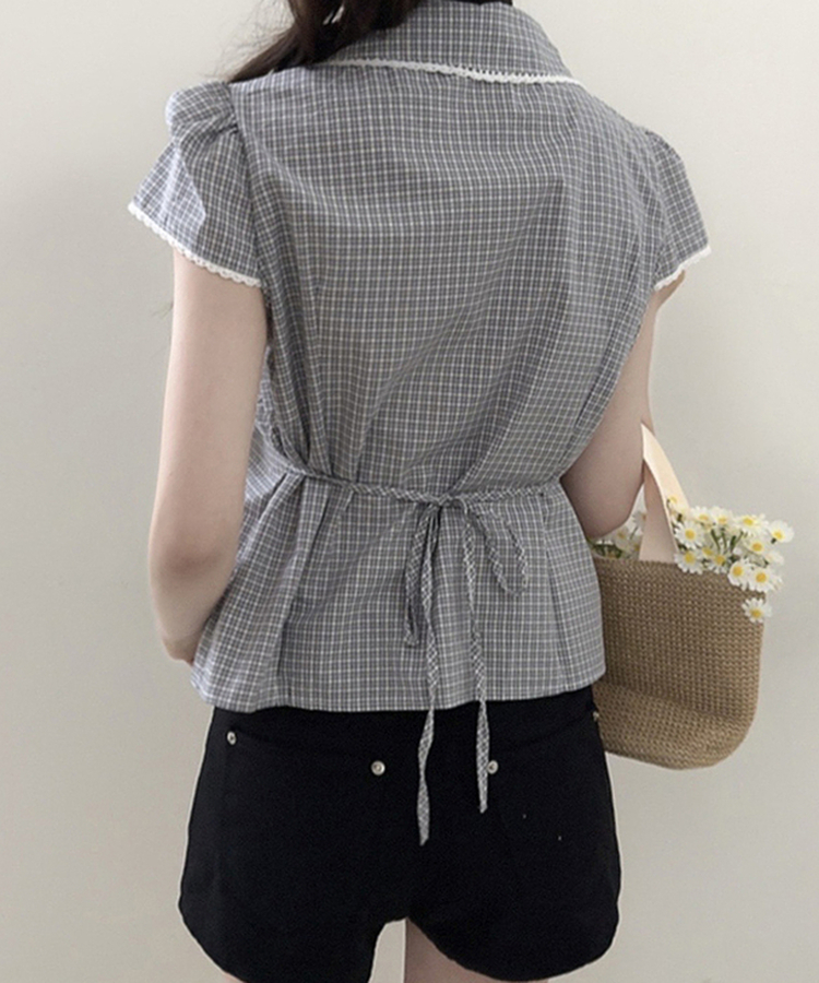 チェックレースカラー半袖ブラウス BLACK