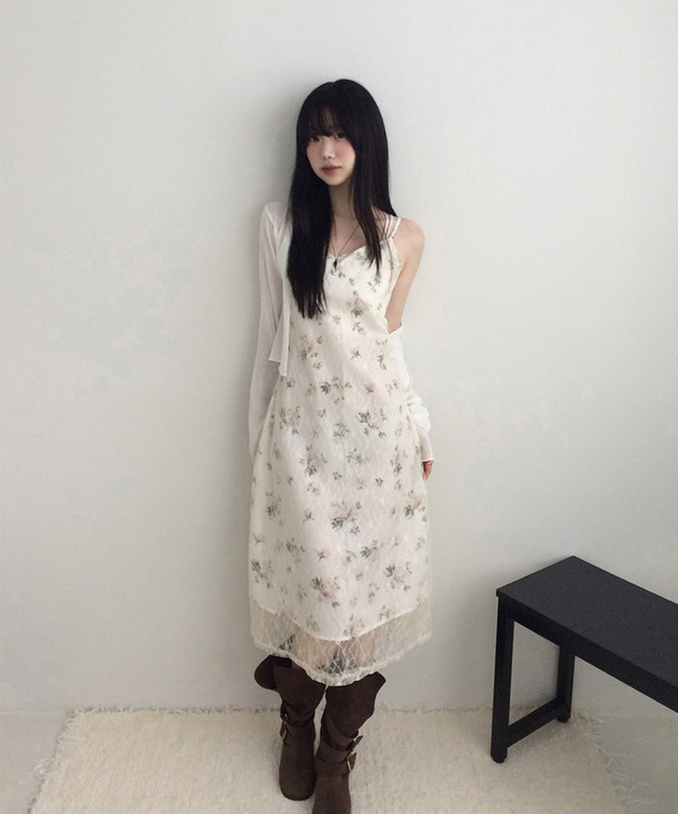 フラワーレースVネックキャミソールワンピース IVORY
