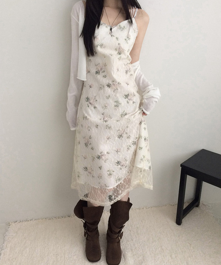 フラワーレースVネックキャミソールワンピース IVORY