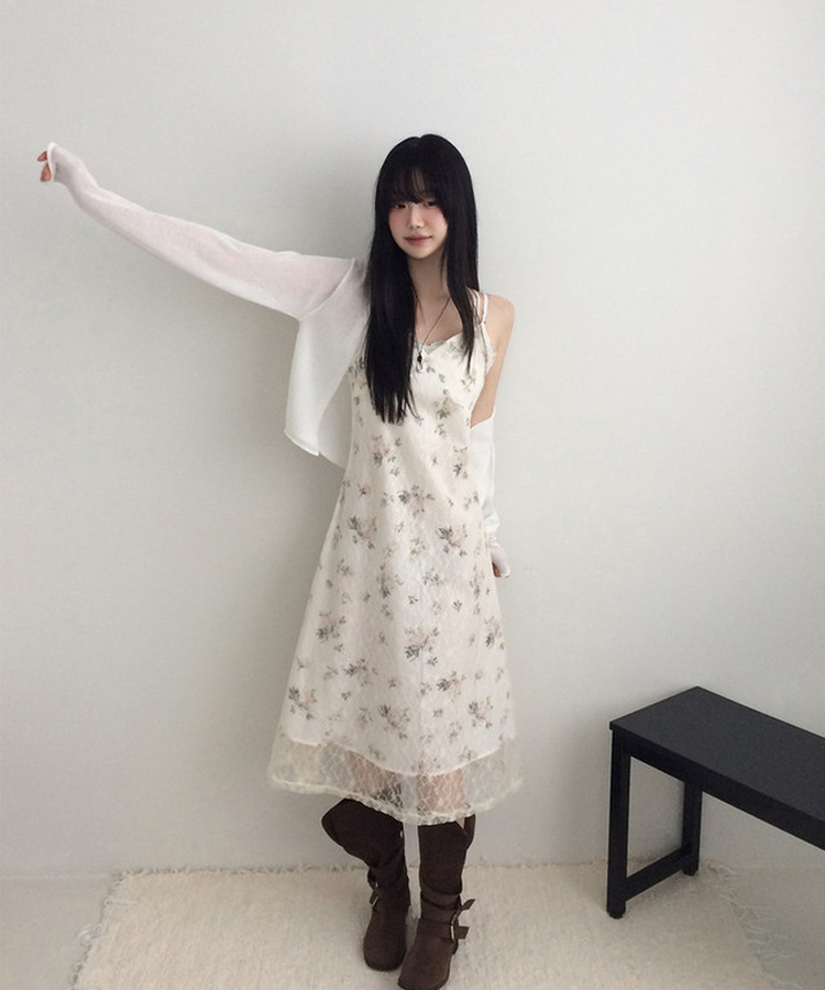フラワーレースVネックキャミソールワンピース IVORY