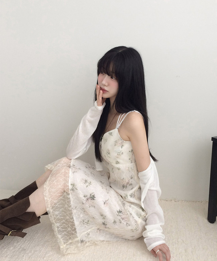 フラワーレースVネックキャミソールワンピース IVORY