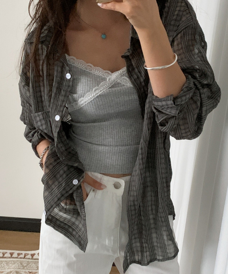 レースリブスリムレイヤードキャミソール GREY