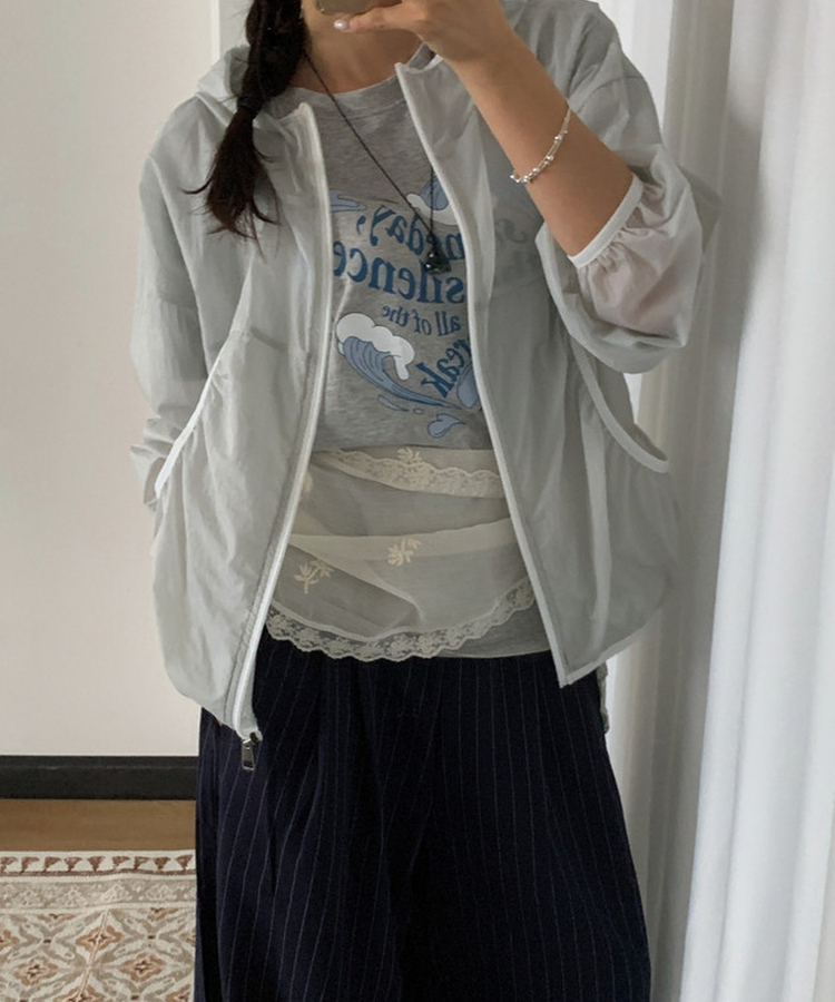 シースルーフードウィンドブレーカージャケット LIGHT GRAY