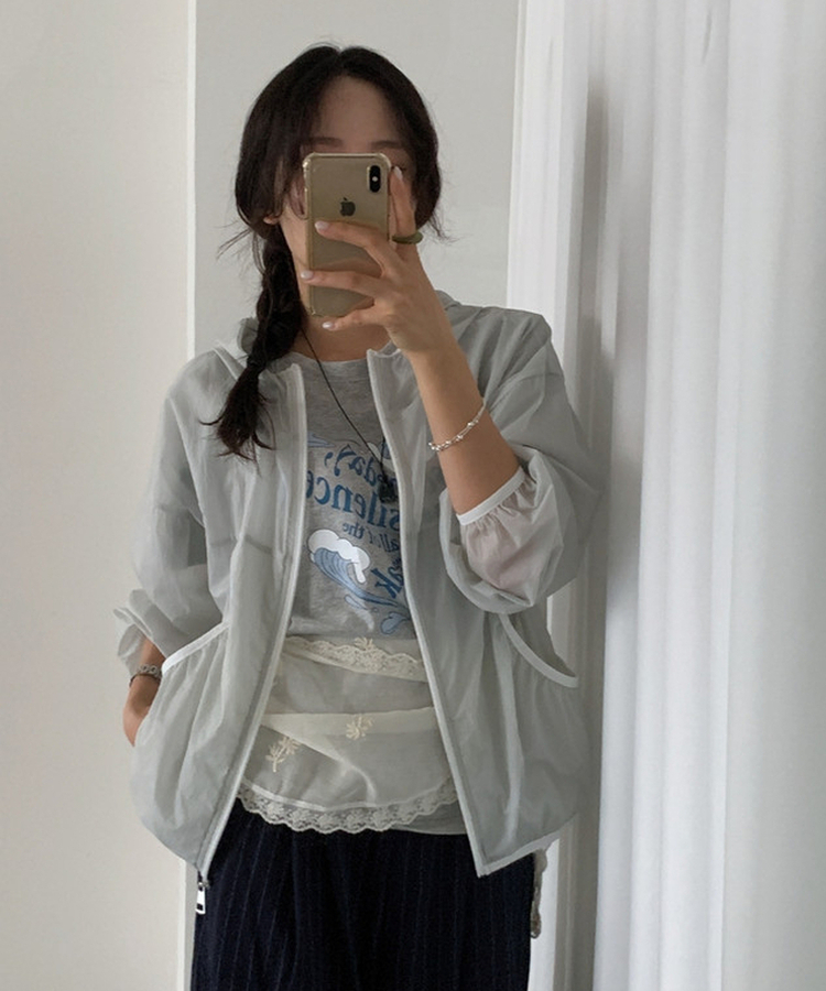 シースルーフードウィンドブレーカージャケット LIGHT GRAY