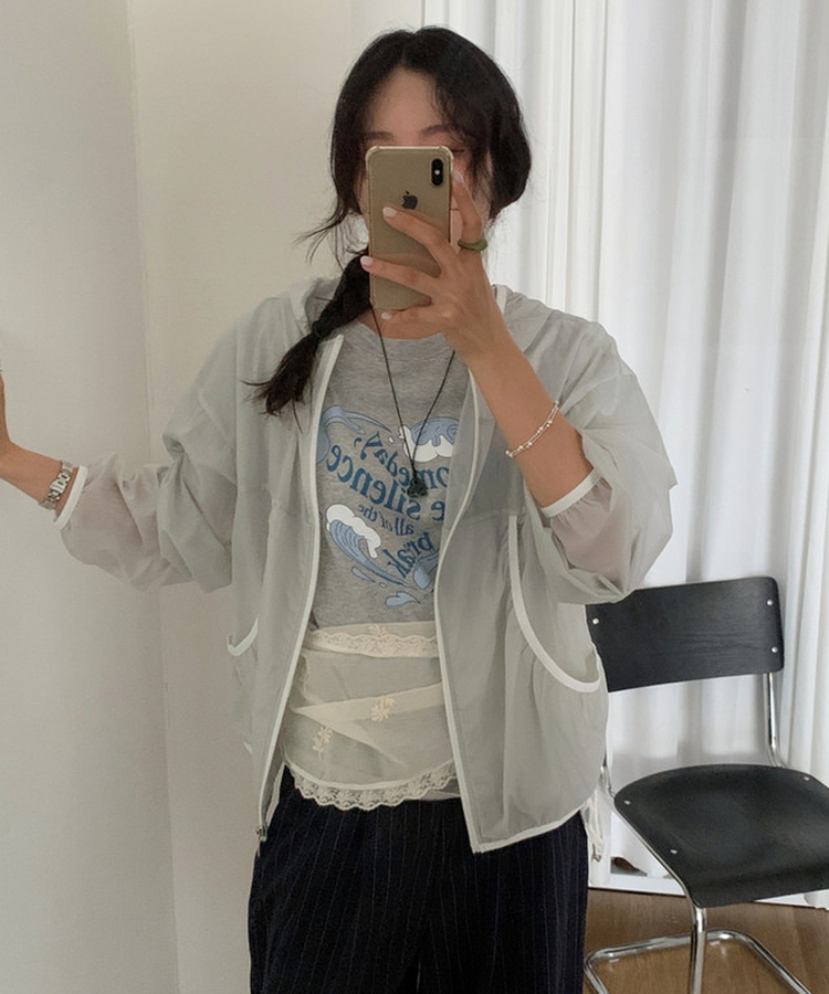 シースルーフードウィンドブレーカージャケット LIGHT GRAY