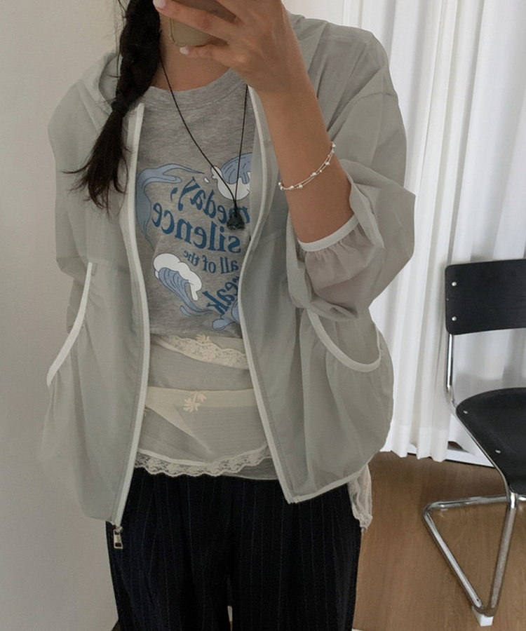 シースルーフードウィンドブレーカージャケット LIGHT GRAY