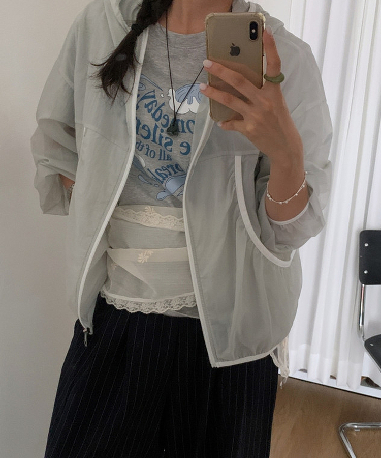 シースルーフードウィンドブレーカージャケット LIGHT GRAY