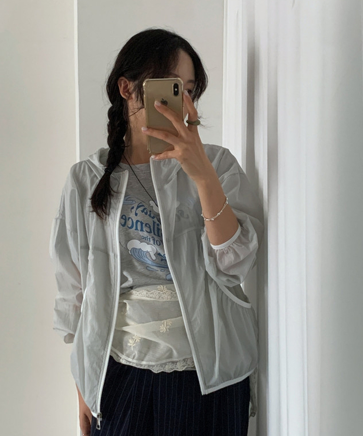 シースルーフードウィンドブレーカージャケット LIGHT GRAY