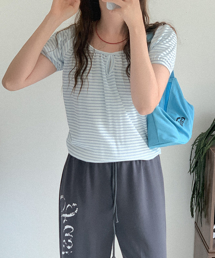 ボーダーUネックパフTシャツ SKY BLUE