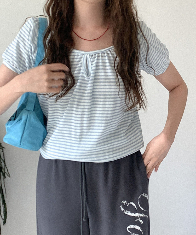 ボーダーUネックパフTシャツ SKY BLUE