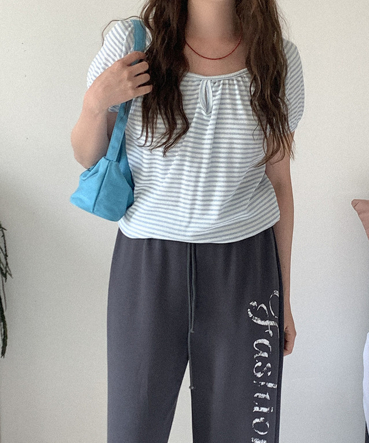 ボーダーUネックパフTシャツ SKY BLUE