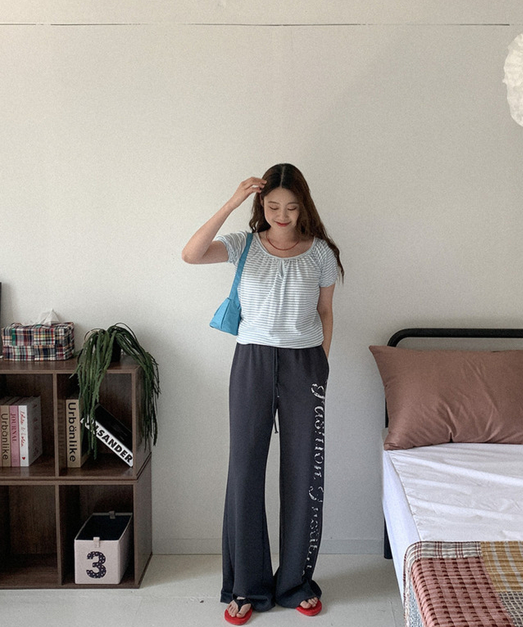 ボーダーUネックパフTシャツ SKY BLUE