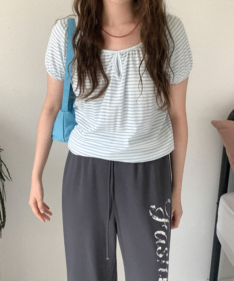 ボーダーUネックパフTシャツ SKY BLUE