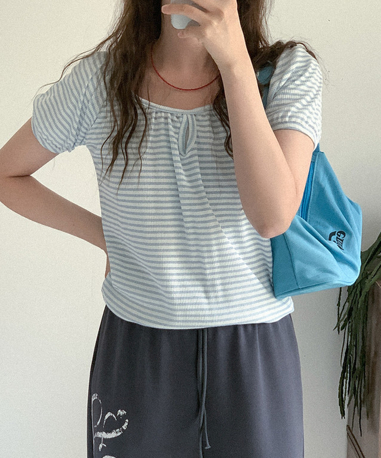 ボーダーUネックパフTシャツ SKY BLUE