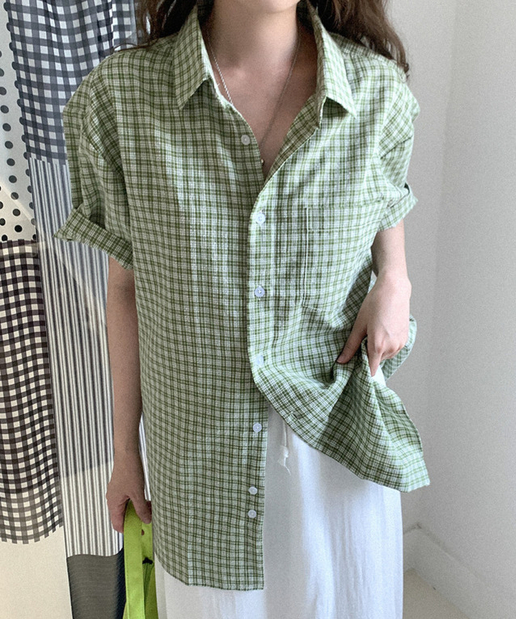 チェックオーバーサイズ半袖シャツ(6color) GREEN