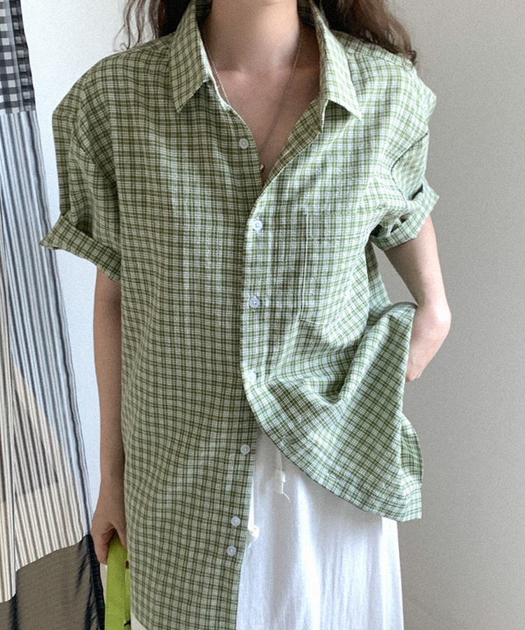 チェックオーバーサイズ半袖シャツ(6color) GREEN
