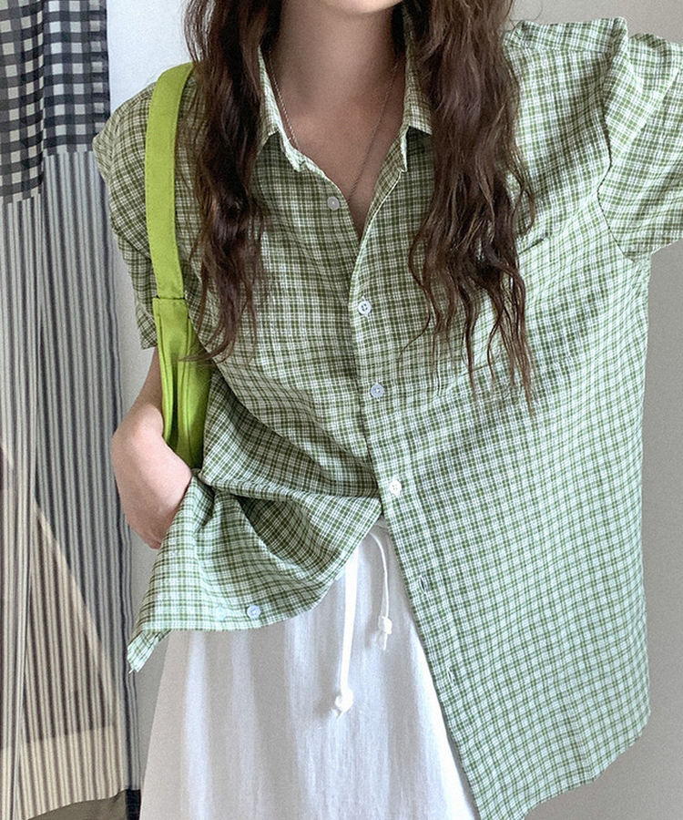 チェックオーバーサイズ半袖シャツ(6color) GREEN