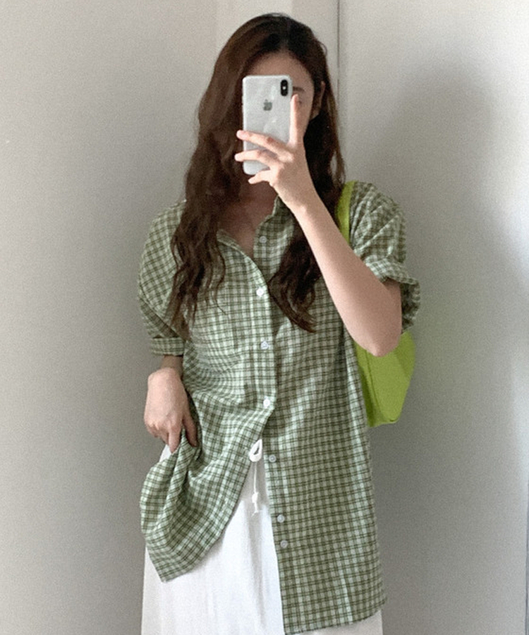 チェックオーバーサイズ半袖シャツ(6color) GREEN