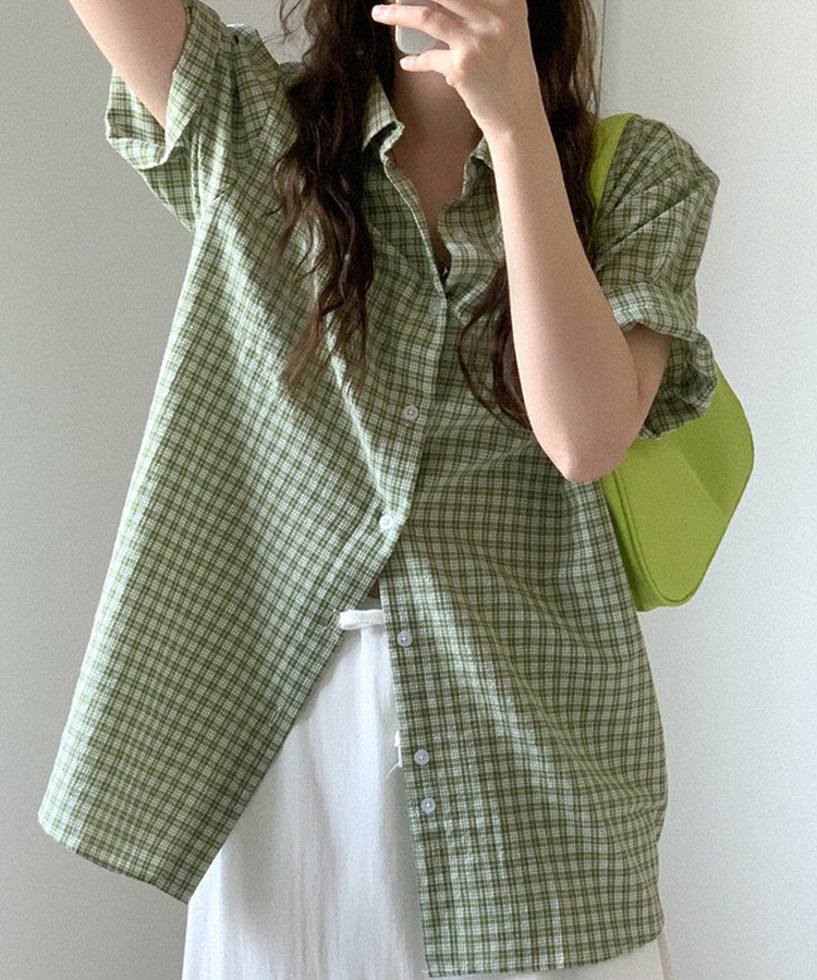 チェックオーバーサイズ半袖シャツ(6color) GREEN