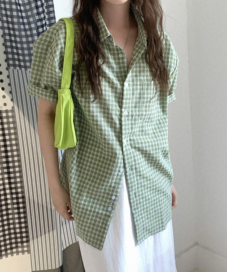 チェックオーバーサイズ半袖シャツ(6color) GREEN