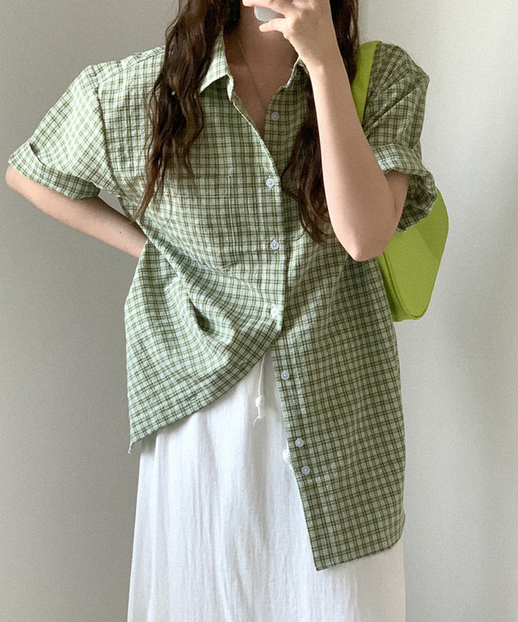 チェックオーバーサイズ半袖シャツ(6color) GREEN