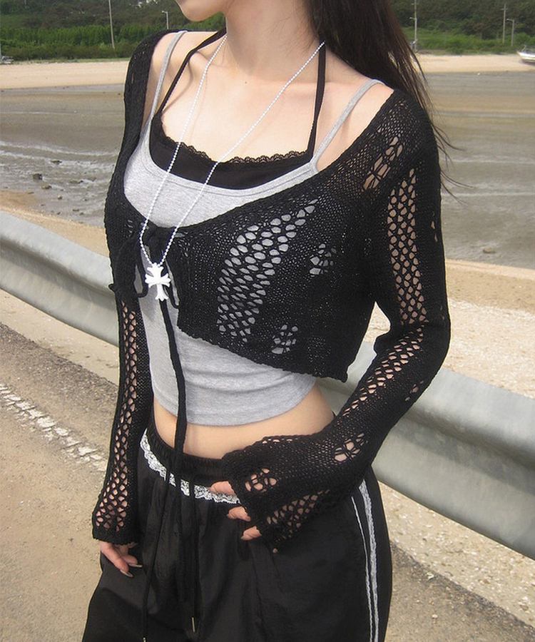 ショートメッシュニットカーディガン BLACK