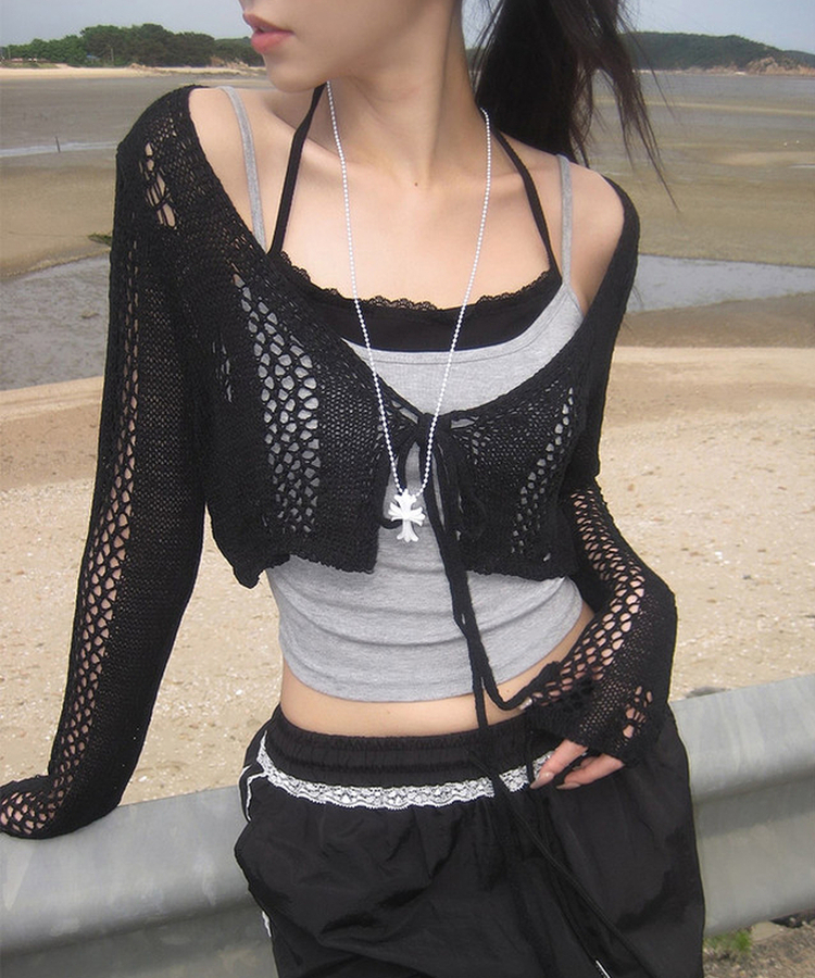 ショートメッシュニットカーディガン BLACK