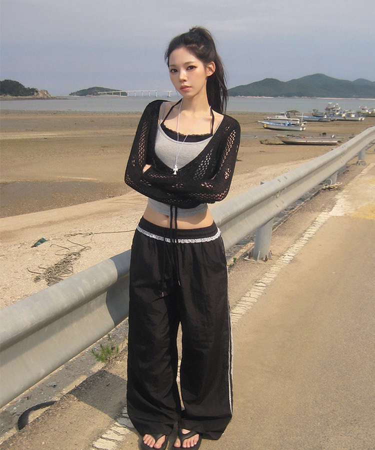 レースナイロンワイドパンツ BLACK
