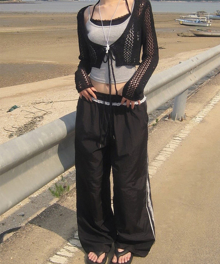 レースナイロンワイドパンツ BLACK