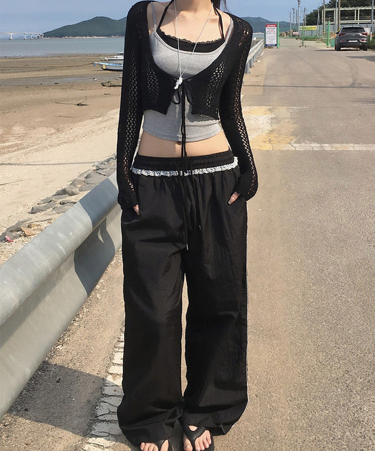レースナイロンワイドパンツ BLACK