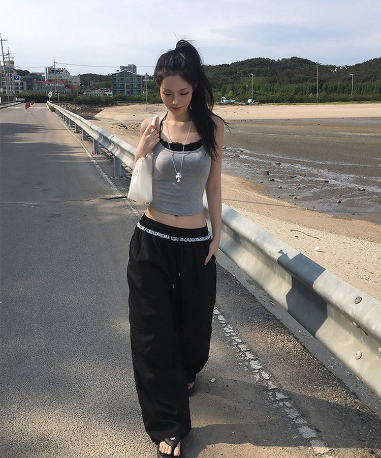 レースナイロンワイドパンツ BLACK