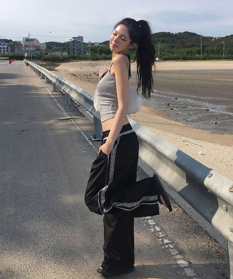 レースナイロンワイドパンツ BLACK