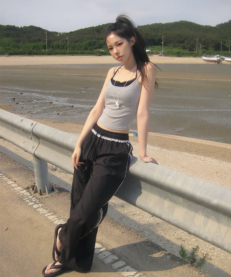 レースナイロンワイドパンツ BLACK