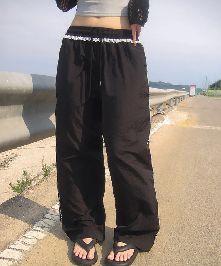 レースナイロンワイドパンツ BLACK