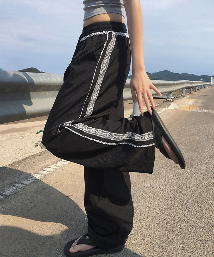 レースナイロンワイドパンツ BLACK