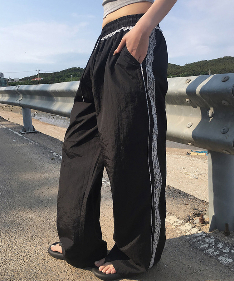 レースナイロンワイドパンツ BLACK
