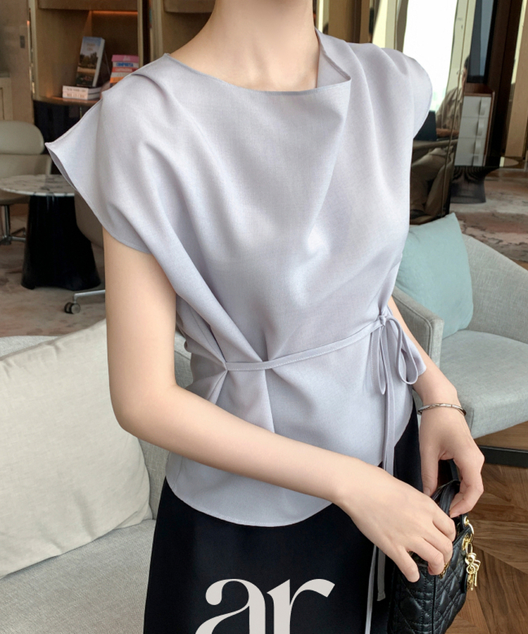 （国内製作）（夏の通勤コーデ/ゲストルックブラウス♥）ロエナ ストラップセット ドレープブラウス BLUE GRAY