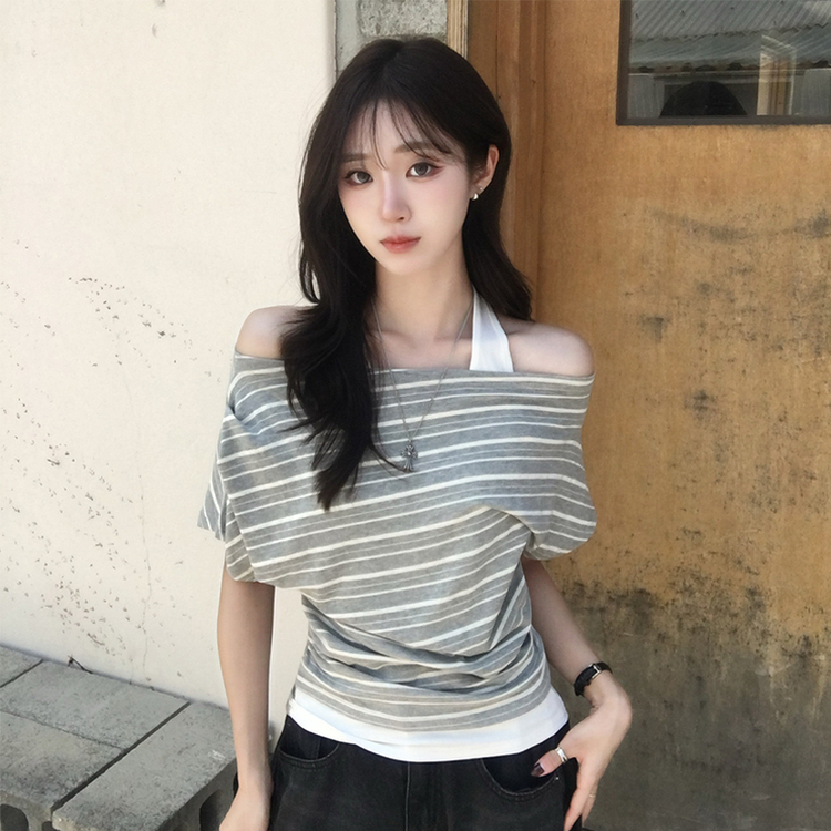 ボートネックボーダーレイヤード半袖Tシャツ GREY