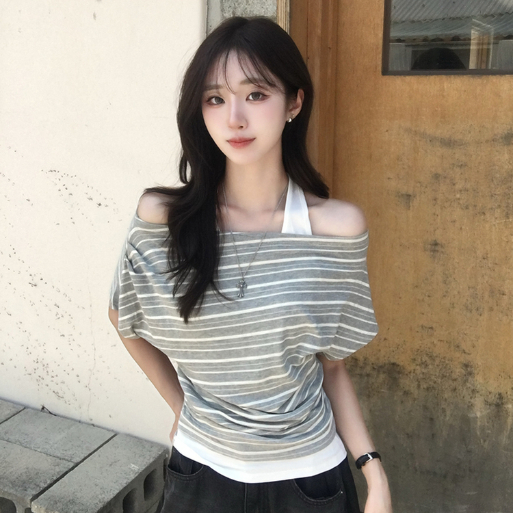 ボートネックボーダーレイヤード半袖Tシャツ GREY