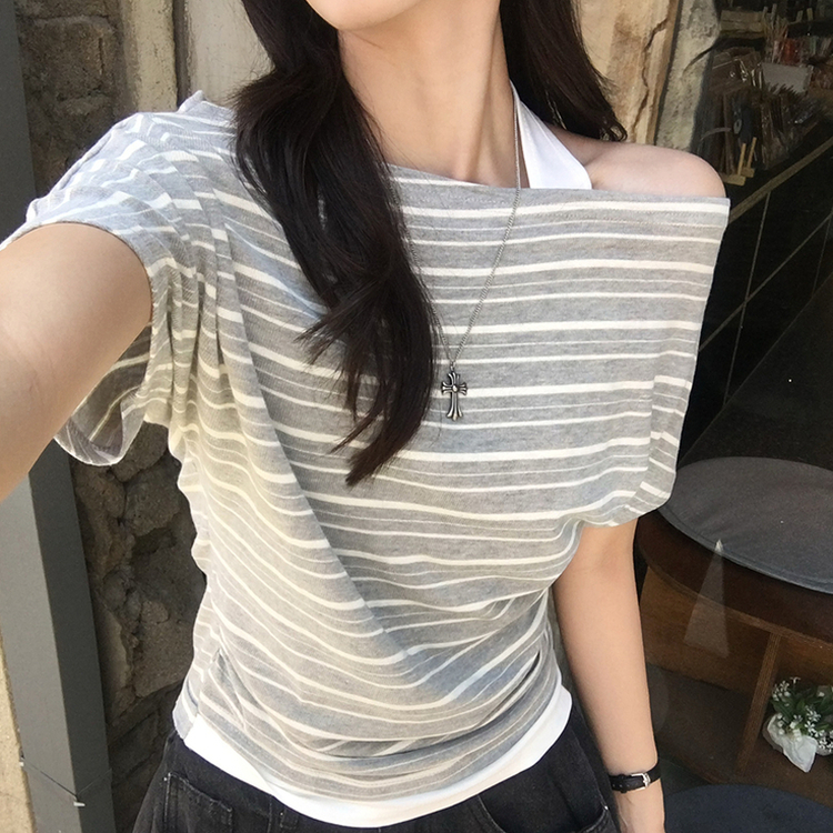 ボートネックボーダーレイヤード半袖Tシャツ GREY