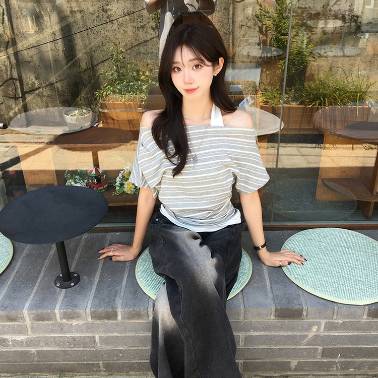 ボートネックボーダーレイヤード半袖Tシャツ GREY