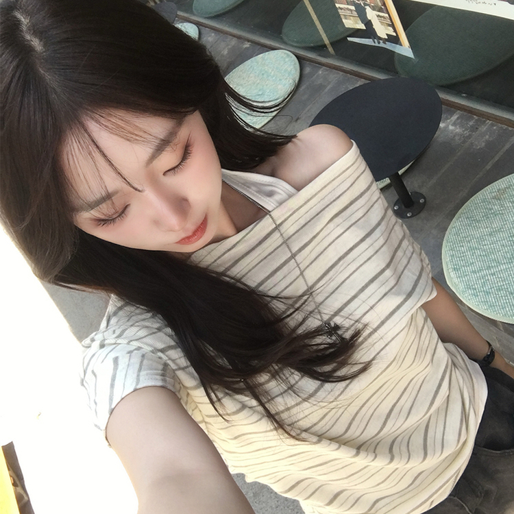 ボートネックボーダーレイヤード半袖Tシャツ BEIGE